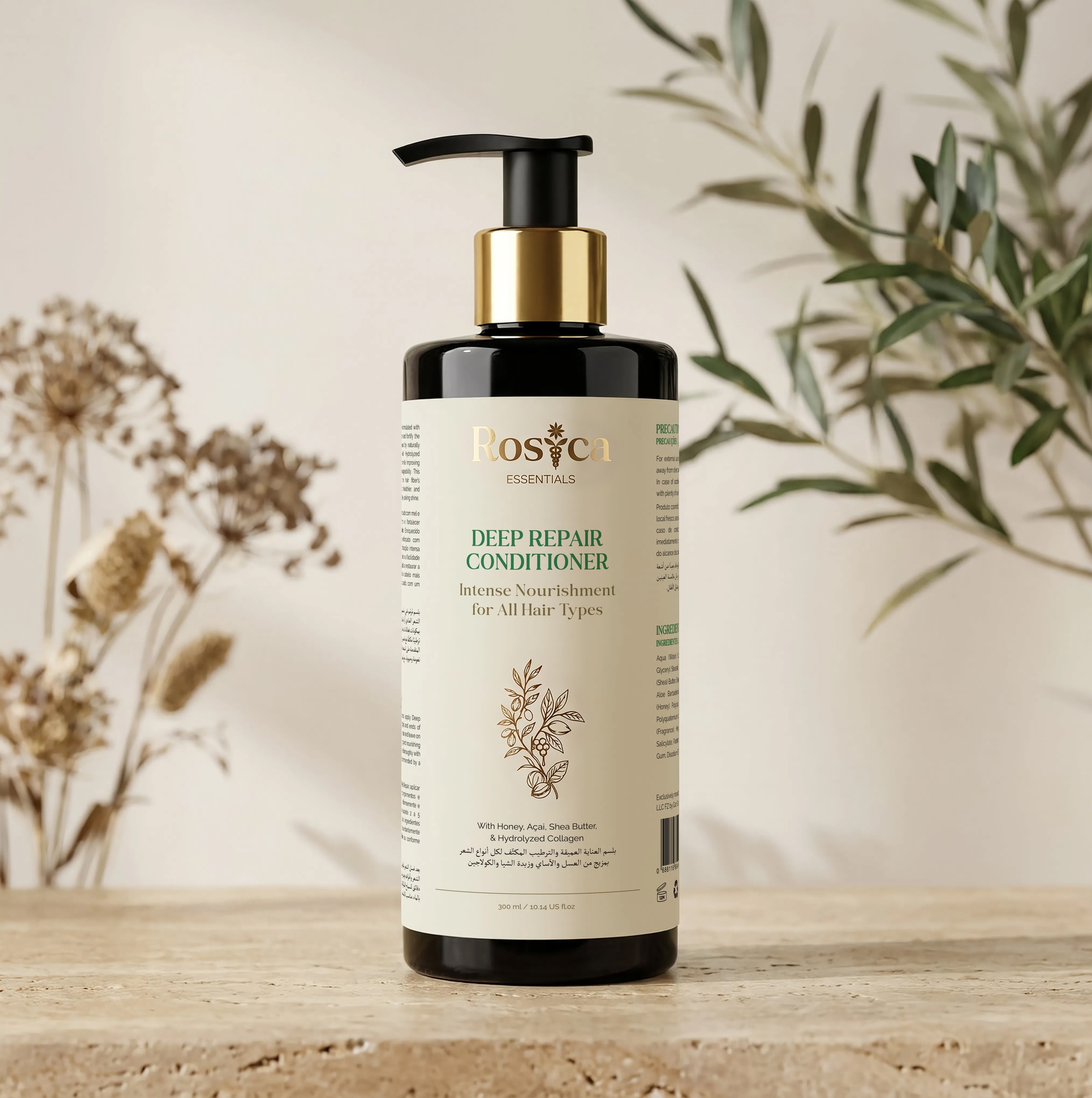 Rosica Essentials Deep Repair Conditioner with dried blooms and olive branches