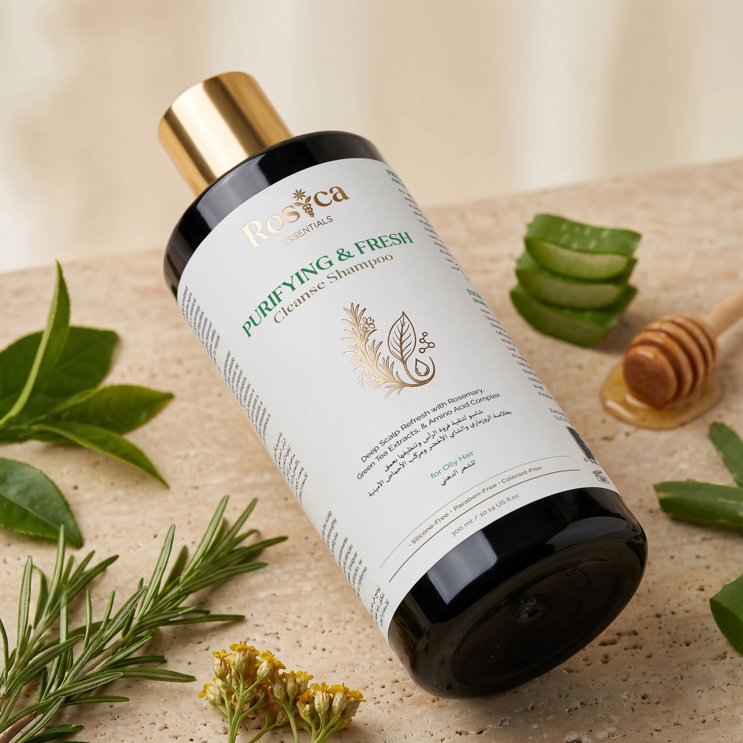 Rosica Essentials Purifying & Fresh Cleanse Shampoo with aloe vera, rosemary and a honey dipper